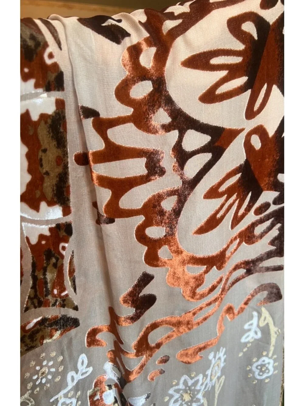 Velvet Burnout Scarf With Fringe -Brown Green Taupe Rust Cream -80